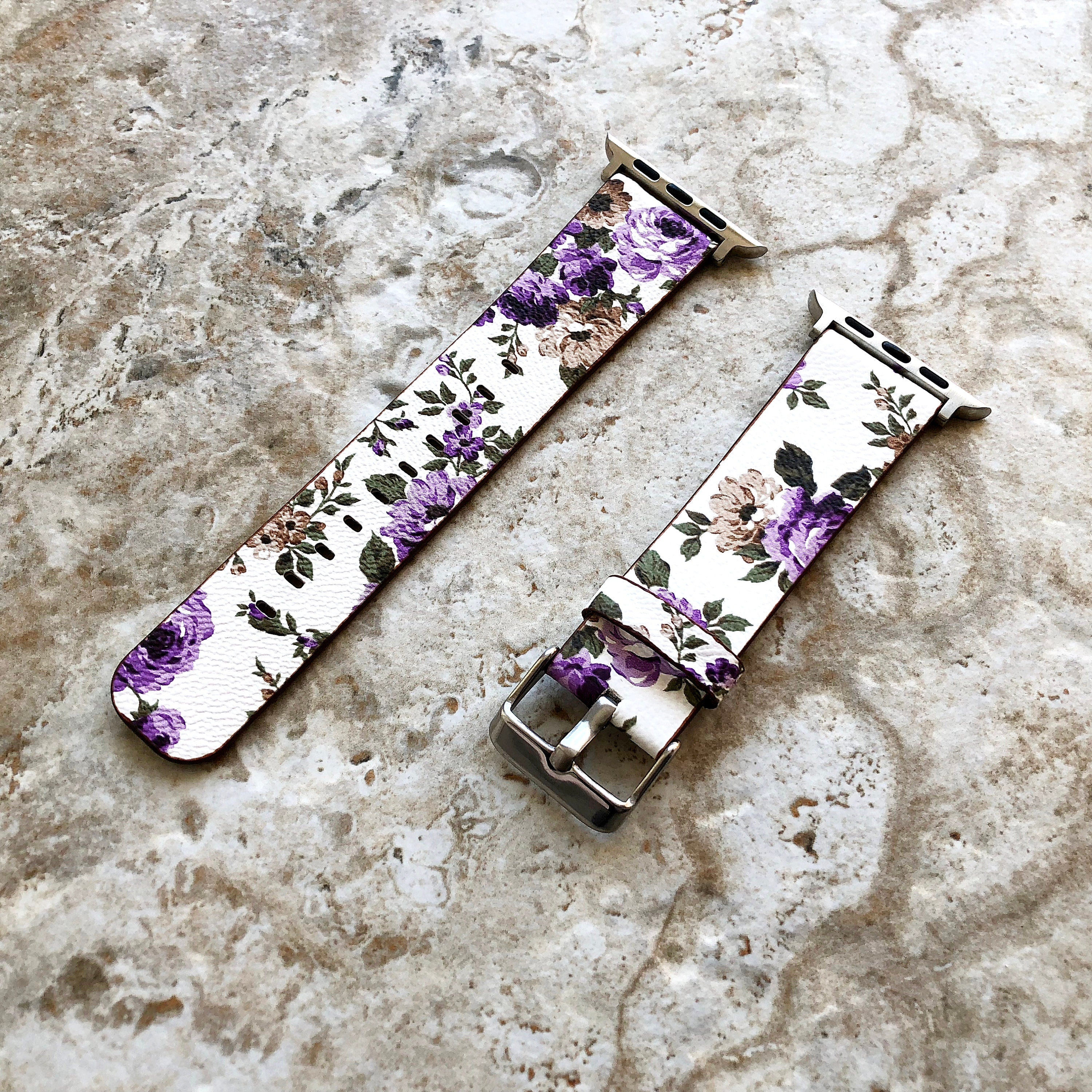 Apple Purple Floral FL-4 Soft Leather Band Strap for iWatch Ultra 2 49mm and 9 8 Series 41mm 45mm Case Bracelet - Ready to Attach